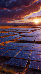 Vast Solar Panel Farm Sunset Orange Sky Dark Blue Panels Mountain Range Background image