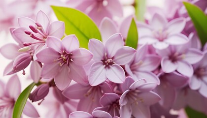 Close up of many light purple flowers and leaves