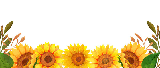 Naklejka premium Sunflower border, floral design, hand painted florals, botanical illustration, floral border, summer nature design