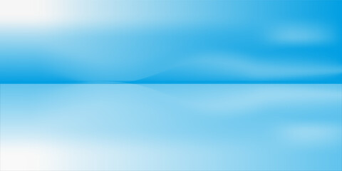 Panoramic abstract blue background for product presentation with sunlight and blurred shadows wall. Winter background.