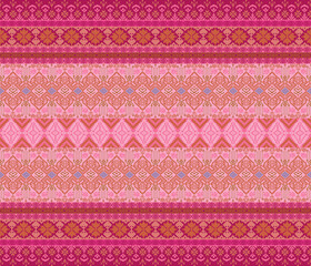 Pixel fabric pattern, abstract, ethnic, pixel style, full fabric pattern, pink, orange, purple for textile, cloth, clothes, curtain, carpet, pillow, illustration, vector.