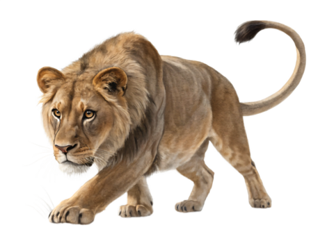 A majestic lion is isolated on transparent background