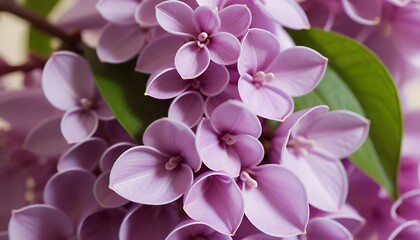Close up of purple lilac flowers with green leaves