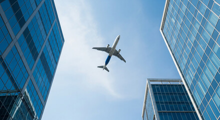 Obraz premium Ascending Ambition: Airplane Over Modern Glass Skyscrapers