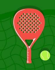 Padel racket and ball with net vector. Padel and tennis ball illustration.