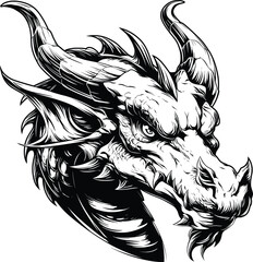 Dragon Head Front View Detailed Black White Line Art Mythical Beast