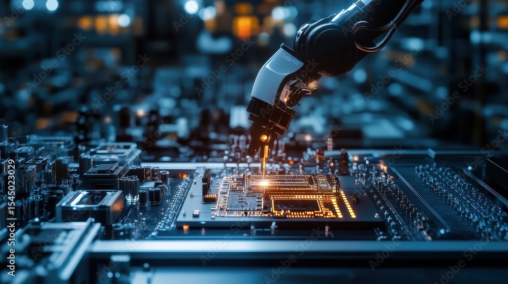 Poster advanced robotic arm assembling electronic components in factory setting