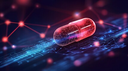 Futuristic medicine bottle with glowing high-tech circuitry inside, symbolizing advanced preventive medicine and health innovation.