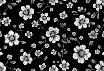 Delicate vintage white floral pattern on black background Seamless repeat , art, design