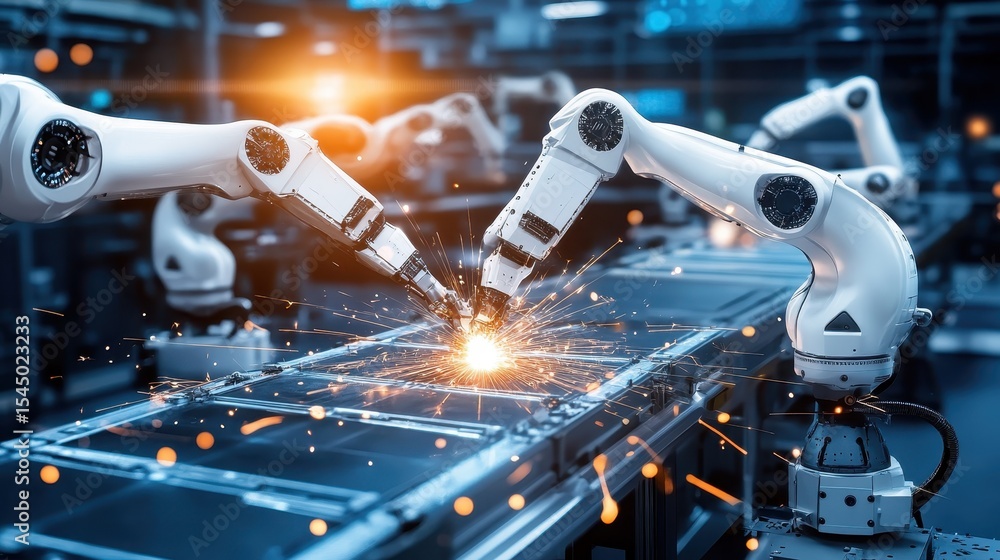 Poster ai-driven robotic arms collaborating on vehicle assembly process