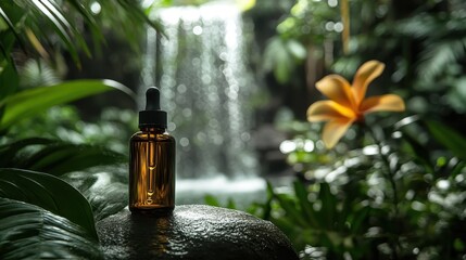 Lush Andiroba Oil Bottle With Tropical Background and Waterfall