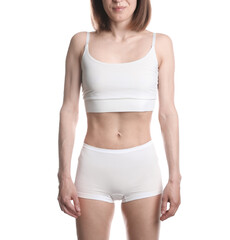 Woman suffering from anorexia on white background, closeup