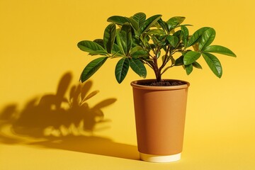 Obraz premium Minimalist Plant in Biodegradable Pot with Vibrant Yellow Background
