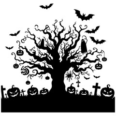 vector illustration of a halloween tree, bat black and white background