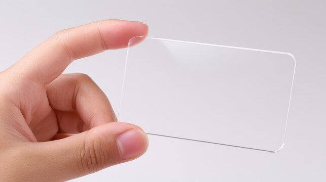 Human hand holding a clear transparent plastic card in front of white background, isolated mockup for business concept, ID display, contactless card design, or futuristic interface gesture template