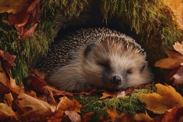 Hedgehog curled up in a cozy nest of autumn leaves and moss during a peaceful afternoon in a woodland setting