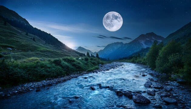 enchanted moonlight river in mystical mountains