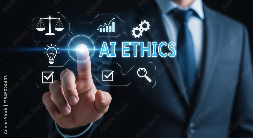 Poster Man in suit touching ai ethics interface with scales lightbulb and magnifying glass icons displayed