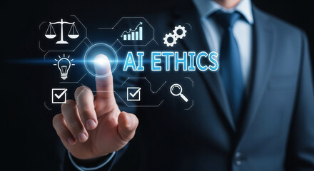 Man in suit touching ai ethics interface with scales lightbulb and magnifying glass icons displayed
