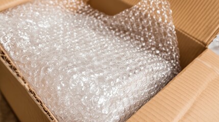 Protective plastic bubble wrap with large air pockets placed inside open cardboard carton box, used for packaging fragile items and shipping protection in logistics and e-commerce industries