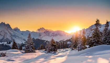 stunning winter landscape with snow covered mountains and sunrise in the background