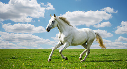 Obraz premium White horse running by a grassy beach shore. 