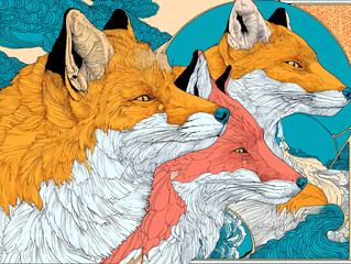 vibrant illustration of a fox, depicted in a stylized and artistic manner with detailed line work. The background features abstract, swirling patterns in shades of blue and white