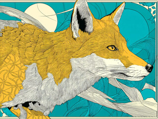 vibrant illustration of a fox, depicted in a stylized and artistic manner with detailed line work. The background features abstract, swirling patterns in shades of blue and white