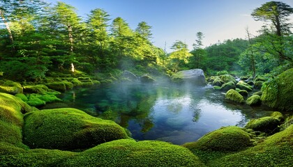 Fototapeta premium enchanting moss covered hot spring in lush forest