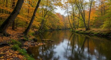 Fototapeta premium Serene autumn river scene, with colorful foliage reflected in calm water