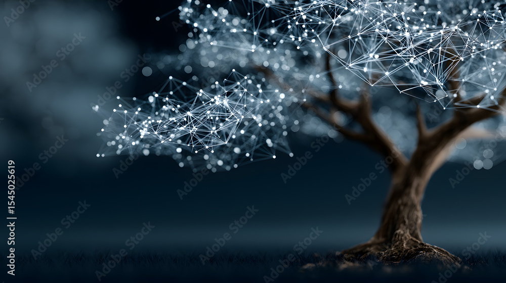 Poster digital tree of life abstract technology background with connected dots, lines, and triangles