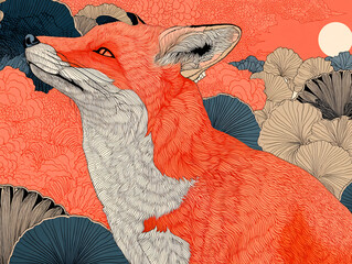 vibrant illustration of a fox, depicted in a stylized and artistic manner with detailed line work. The background features abstract, swirling patterns in shades of blue and white