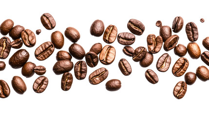 Same-Sized Coffee Beans Falling and Scattered from Top on Transparent Background

