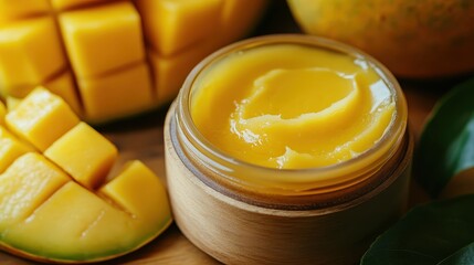 Fresh Mango Butter Balm in a Wooden Container with Sliced Mango