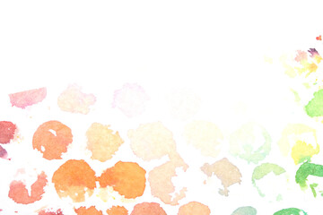 Vibrant Explosion of Multicolour Rainbow Watercolour Paint Splatters and Circles Spots on White Background