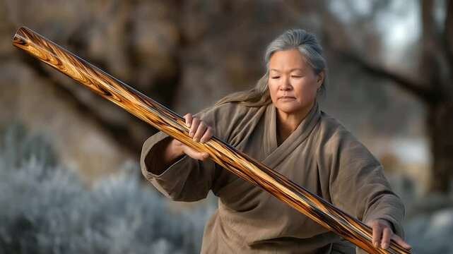 1_Master demonstrating bo staff spin in training ground