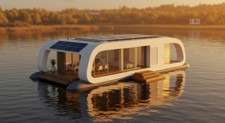 Modern, solar-powered floating home on tranquil lake at sunset; offering sustainable, eco-friendly living