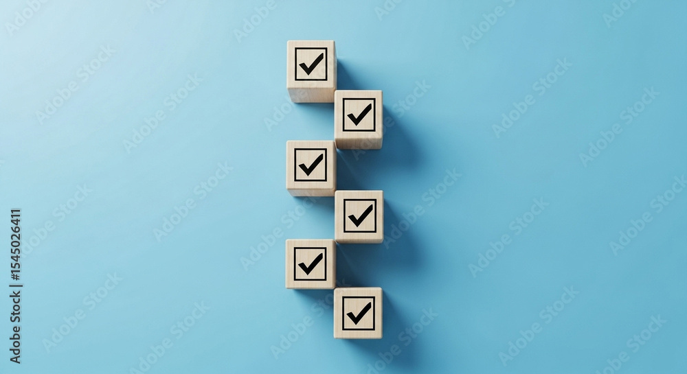 Poster Stacked wooden blocks with check marks on a blue background representing completed tasks or checklist