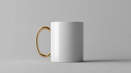 All-white mug with gold handle centered on gray background, blank design, positioned left for right-hand branding space, emphasizing simplicity and clarity in presentation.