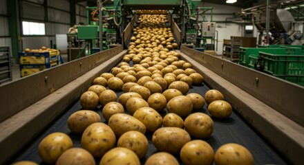 Potatoes on conveyor belt in a processing plant.  Abundant yield moves towards packaging