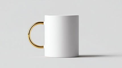 All-white mug with gold handle centered on gray background, blank design, positioned left for right-hand branding space, emphasizing simplicity and clarity in presentation.