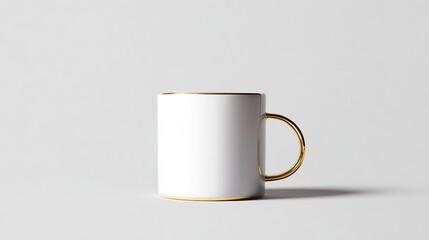 All-white mug with gold handle centered on gray background, blank design, positioned left for right-hand branding space, emphasizing simplicity and clarity in presentation.