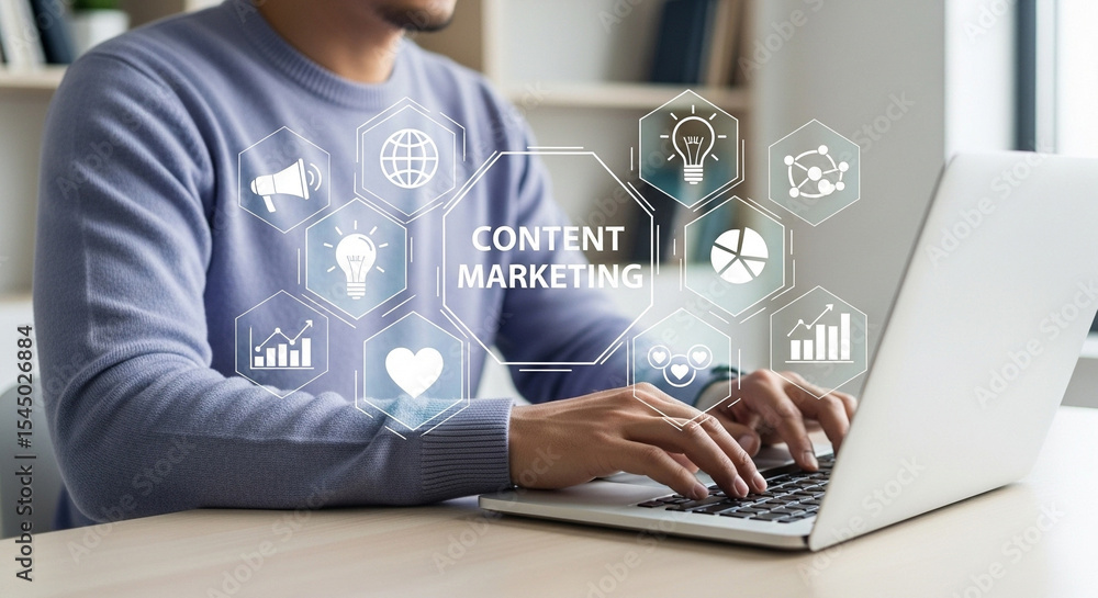 Poster Man typing on a laptop with content marketing graphics overlayed on the screen and surrounding him