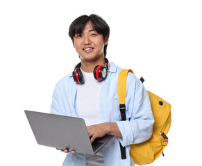 Student with headphones, laptop and backpack on white background