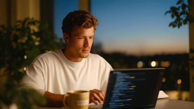 A coder focused on debugging software with coffee and a laptop