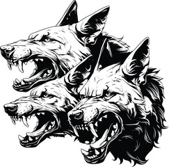 Cerberus Three Headed Mythology Guardian Dog Black White Line Art