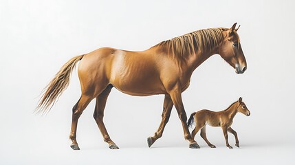 Chestnut Horse and Foal Walking Gracefully in a Studio Setting on White Background