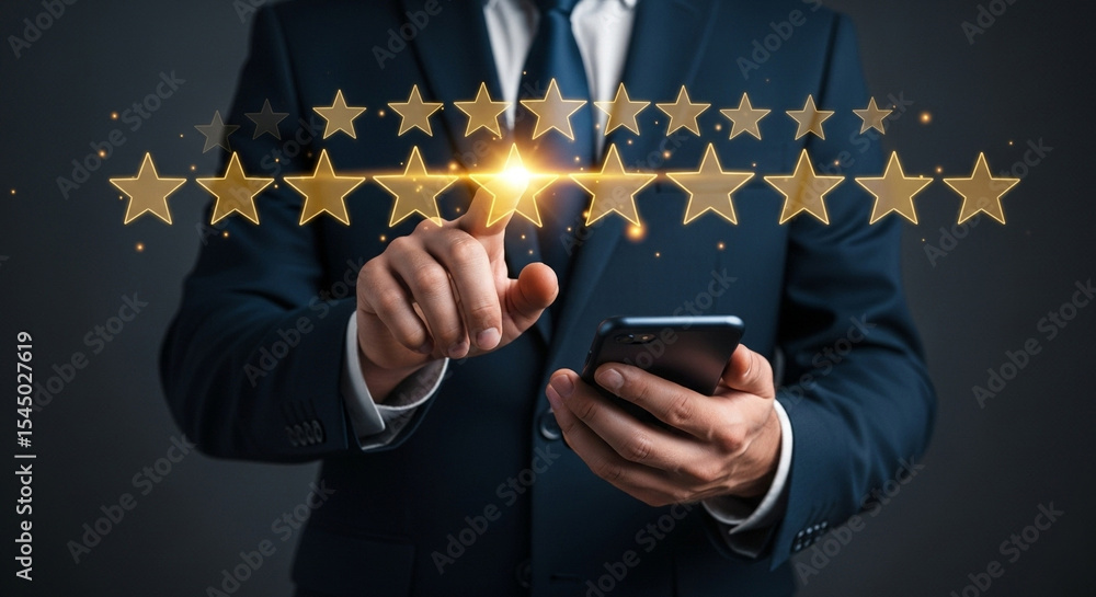Poster man in suit interacting with glowing stars and holding a smartphone in his hand close up view