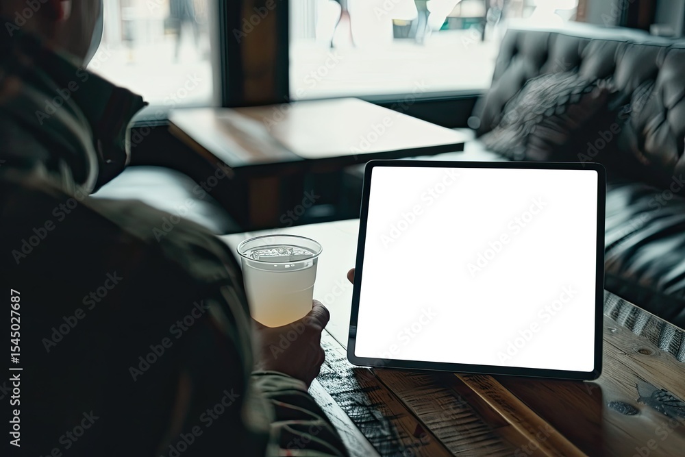 Poster high quality image of midsection of man using digital tablet with drink on table