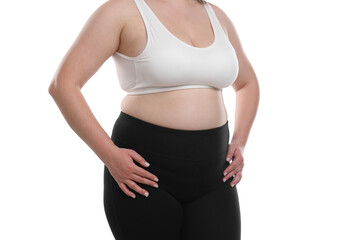 Weight loss. Plus size woman on white background, closeup